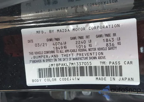 2021 Mazda Mazda3 Select из США, поврежденный, VIN JM1BPAKL7M1337055